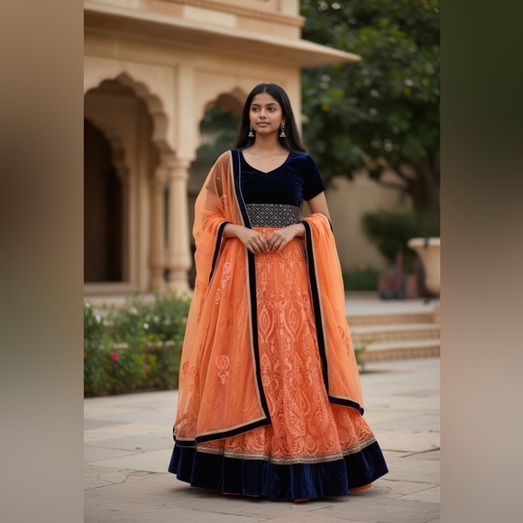 Other - Indian Designer Light Orange and Navy Blue Velvet & Net Anarkali